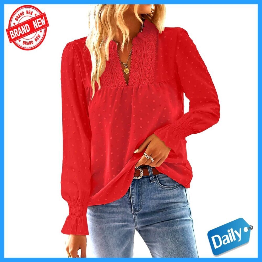 V-Neck Blouse with Crochet Lace and Butterfly Sleeves, Swiss Dot